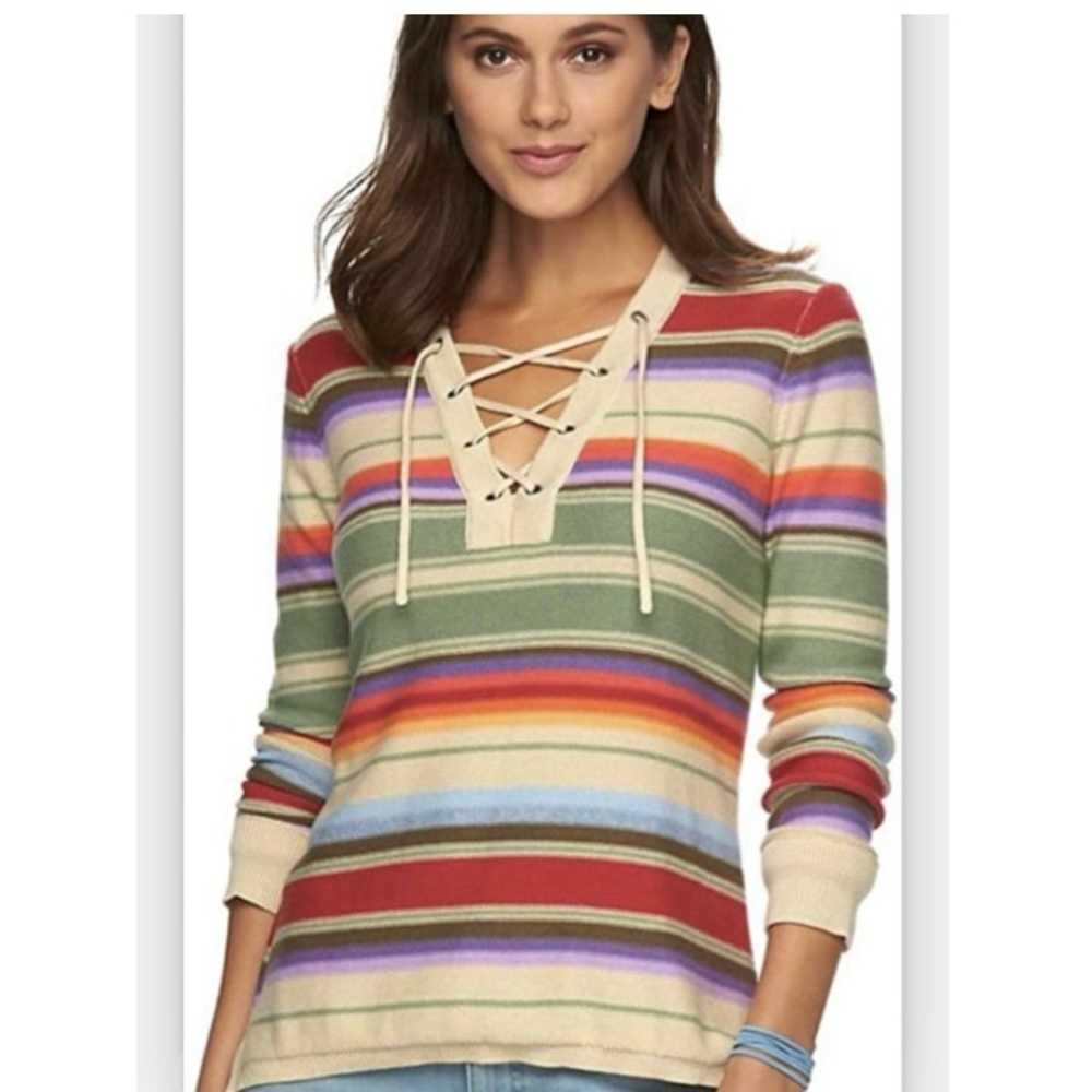Chaps multi  colored striped long sleeve tie V neck cozy soft sweater la…